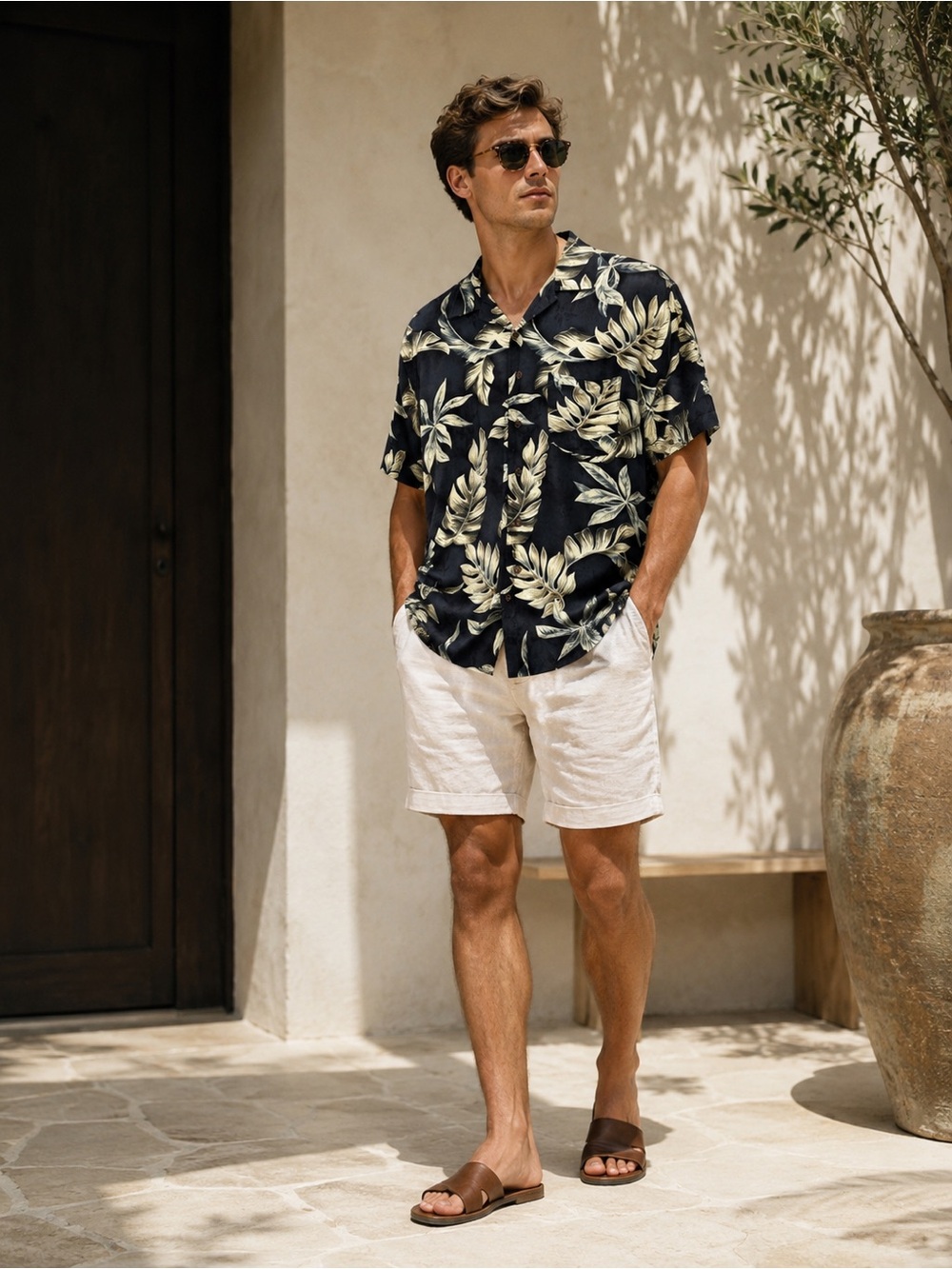 Hawaiian Shirt Men Medium Tropical Palm Print Rayon Button Up Vacation Beach